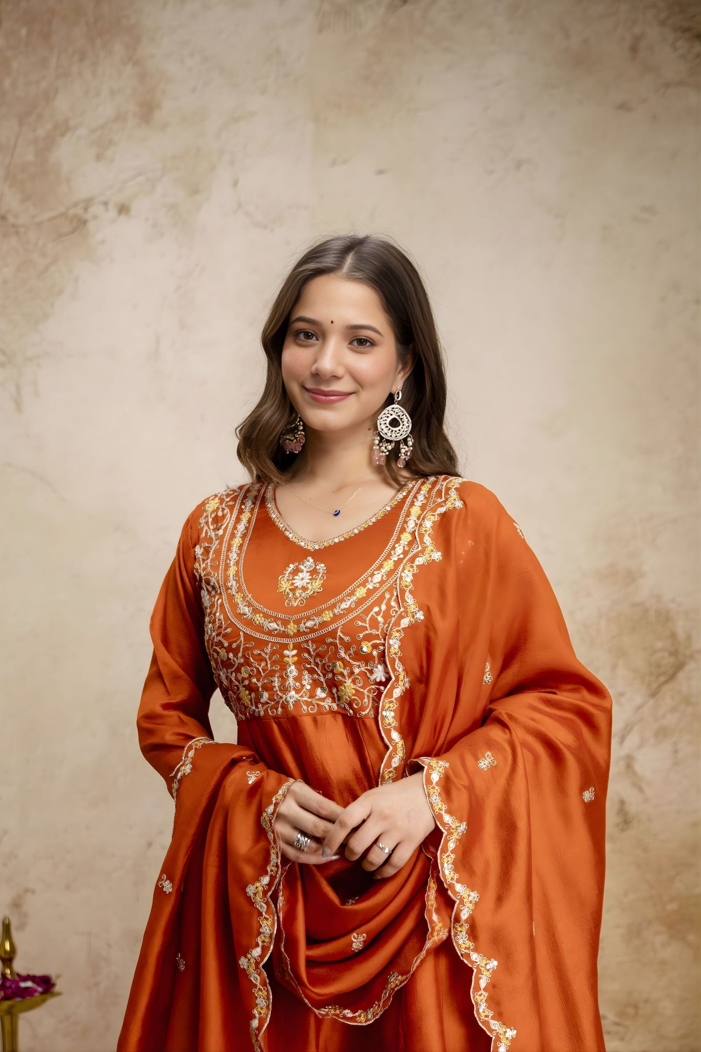 Gracefull Rust Orange Vichitra Silk Anarkali Suit Heavy Embroidery Work and Dupatta