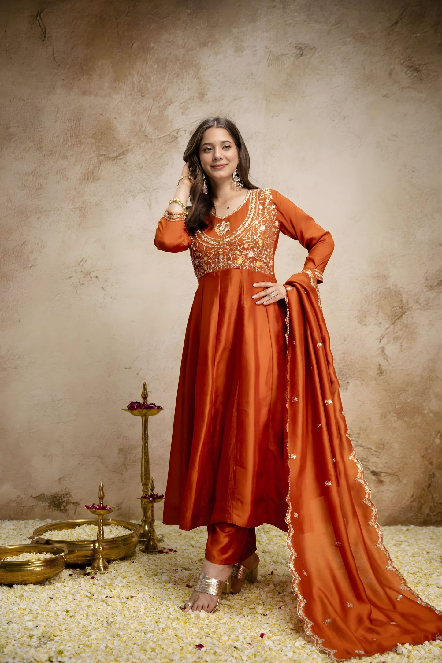 Gracefull Rust Orange Vichitra Silk Anarkali Suit Heavy Embroidery Work and Dupatta