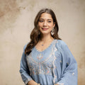 Stylish Sky Blue Vichitra Silk Anarkali Suit Heavy Embroidery Work and Dupatta