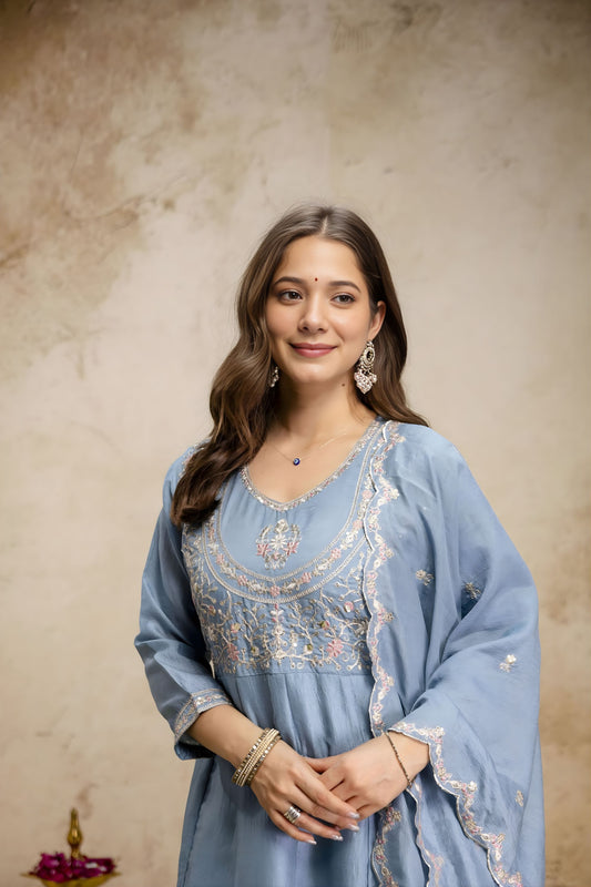 Stylish Sky Blue Vichitra Silk Anarkali Suit Heavy Embroidery Work and Dupatta