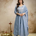 Stylish Sky Blue Vichitra Silk Anarkali Suit Heavy Embroidery Work and Dupatta