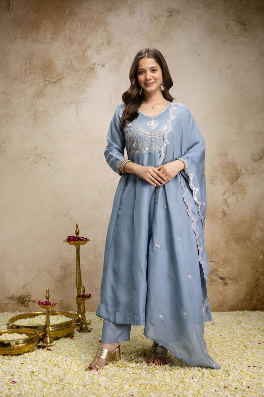 Stylish Sky Blue Vichitra Silk Anarkali Suit Heavy Embroidery Work and Dupatta