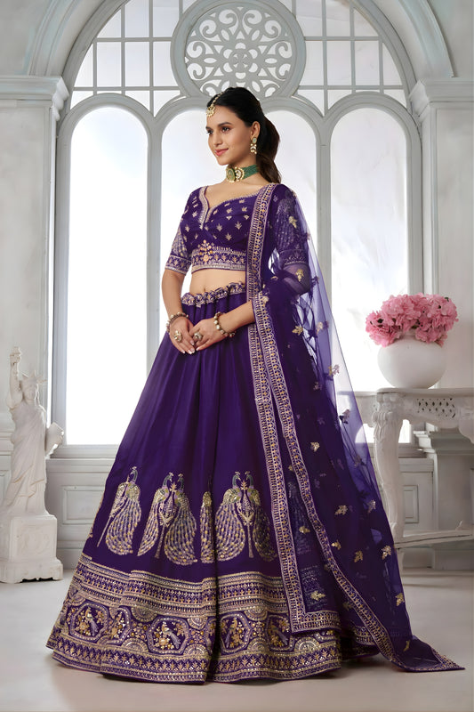 Royal Purple Silk Designer Lehenga Choli with Heavy Embroidery Work and Net Dupatta for Wedding