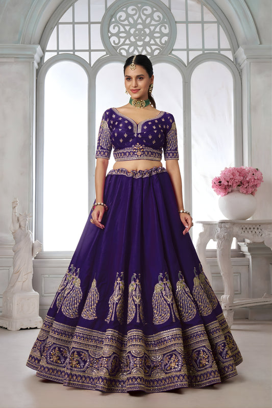 Royal Purple Silk Designer Lehenga Choli with Heavy Embroidery Work and Net Dupatta for Wedding