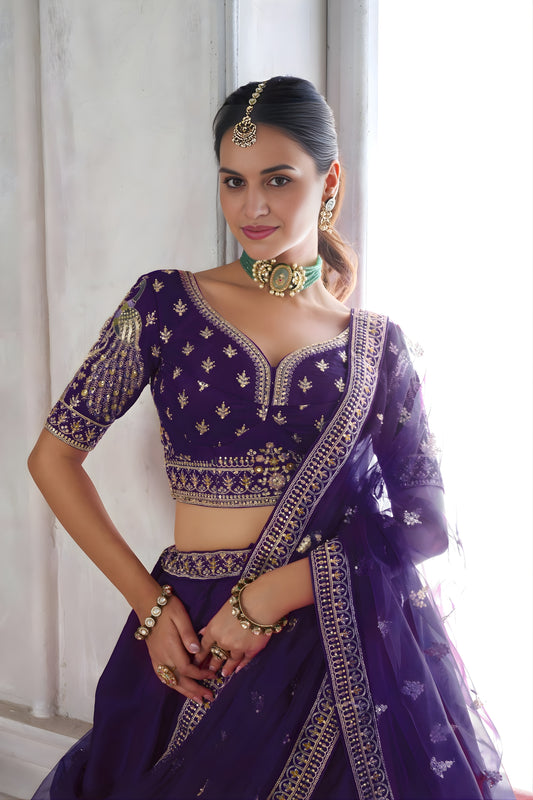 Royal Purple Silk Designer Lehenga Choli with Heavy Embroidery Work and Net Dupatta for Wedding