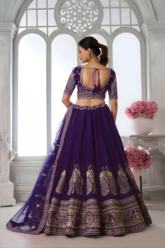 Royal Purple Silk Designer Lehenga Choli with Heavy Embroidery Work and Net Dupatta for Wedding