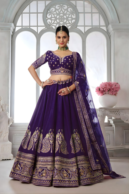 Royal Purple Silk Designer Lehenga Choli with Heavy Embroidery Work and Net Dupatta for Wedding
