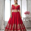 Stylish Red Silk Designer Lehenga Choli with Heavy Embroidery Work and Net Dupatta for Wedding