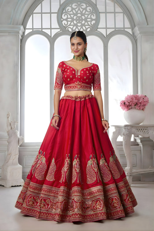 Stylish Red Silk Designer Lehenga Choli with Heavy Embroidery Work and Net Dupatta for Wedding