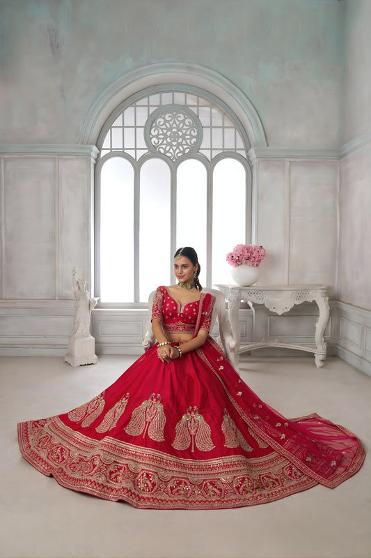 Stylish Red Silk Designer Lehenga Choli with Heavy Embroidery Work and Net Dupatta for Wedding