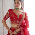 Stylish Red Silk Designer Lehenga Choli with Heavy Embroidery Work and Net Dupatta for Wedding