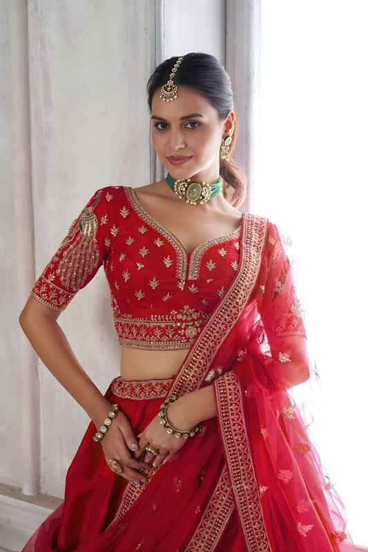 Stylish Red Silk Designer Lehenga Choli with Heavy Embroidery Work and Net Dupatta for Wedding