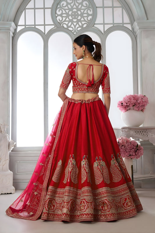 Stylish Red Silk Designer Lehenga Choli with Heavy Embroidery Work and Net Dupatta for Wedding