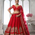 Stylish Red Silk Designer Lehenga Choli with Heavy Embroidery Work and Net Dupatta for Wedding