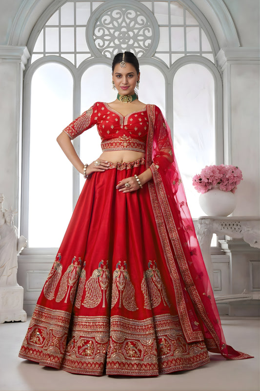 Stylish Red Silk Designer Lehenga Choli with Heavy Embroidery Work and Net Dupatta for Wedding