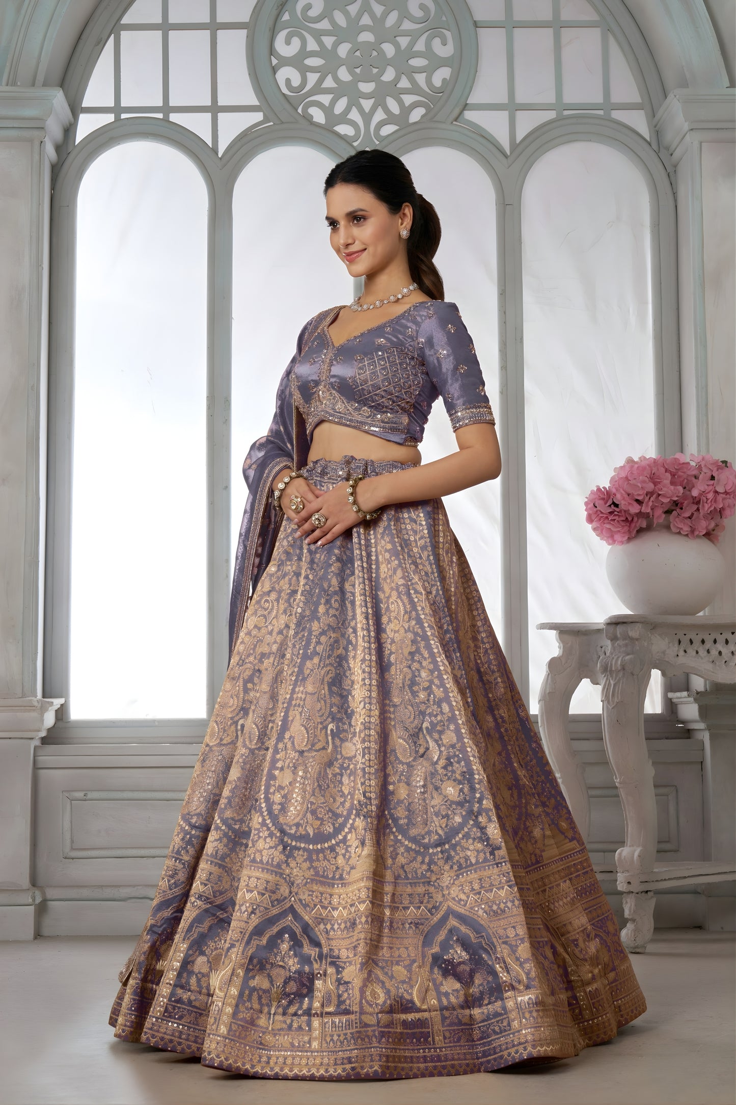 Elegant Lavender Kanjivaram Tissue Silk Designer Lehenga Choli with Designer Dupatta for Wedding