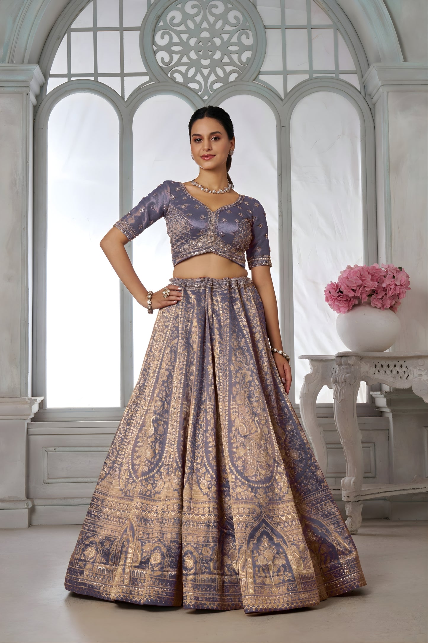 Elegant Lavender Kanjivaram Tissue Silk Designer Lehenga Choli with Designer Dupatta for Wedding