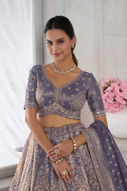 Elegant Lavender Kanjivaram Tissue Silk Designer Lehenga Choli with Designer Dupatta for Wedding