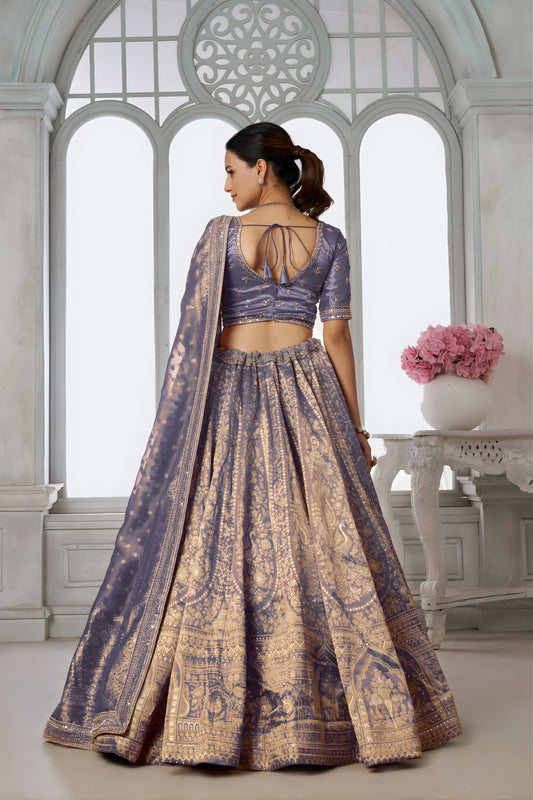 Elegant Lavender Kanjivaram Tissue Silk Designer Lehenga Choli with Designer Dupatta for Wedding
