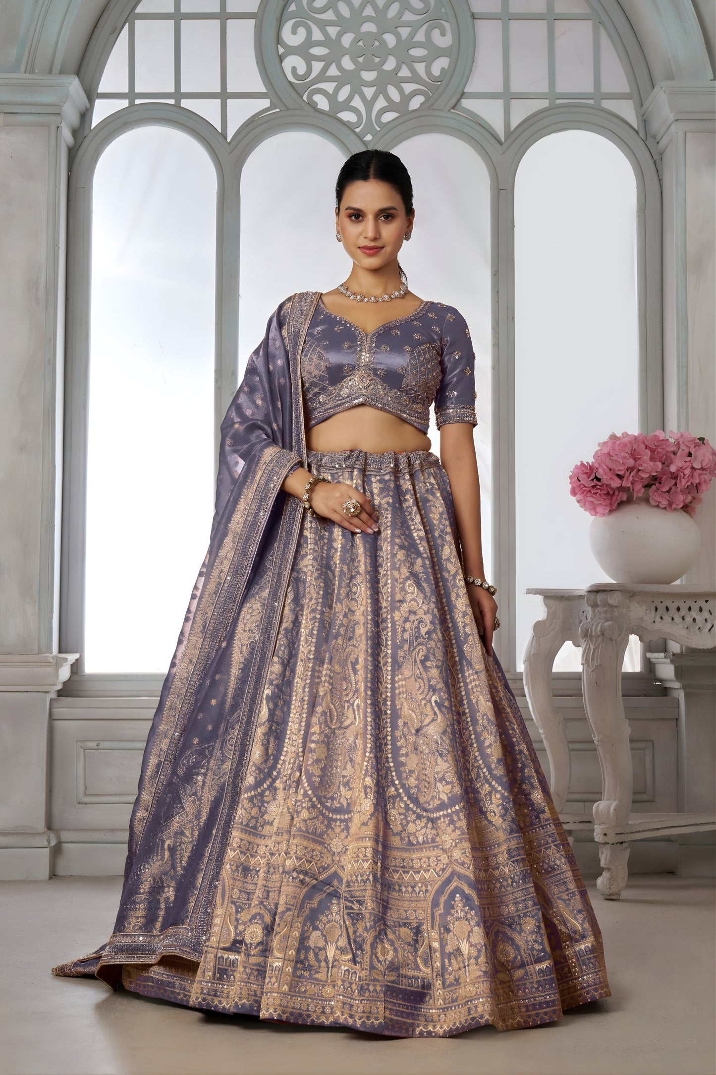 Elegant Lavender Kanjivaram Tissue Silk Designer Lehenga Choli with Designer Dupatta for Wedding