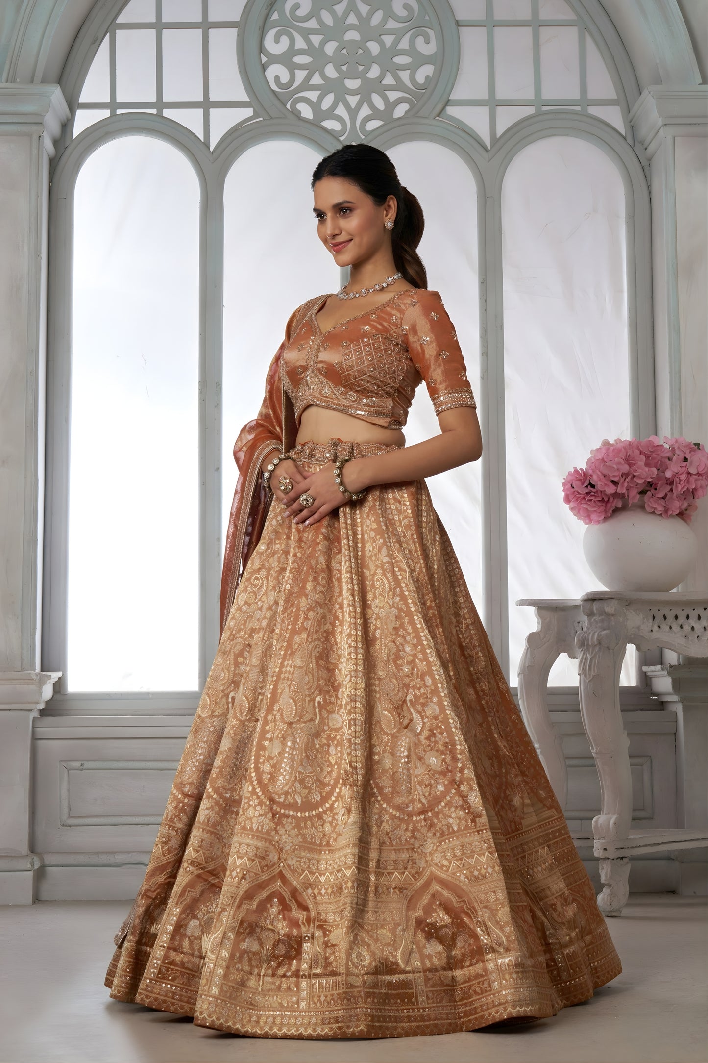 Stunning Rust Orange Kanjivaram Tissue Silk Designer Lehenga Choli with Designer Dupatta for Wedding