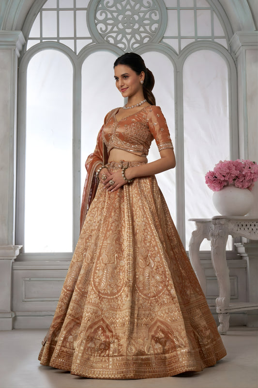 Stunning Rust Orange Kanjivaram Tissue Silk Designer Lehenga Choli with Designer Dupatta for Wedding