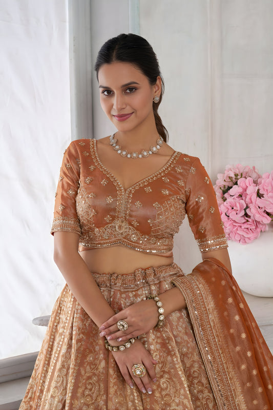 Stunning Rust Orange Kanjivaram Tissue Silk Designer Lehenga Choli with Designer Dupatta for Wedding
