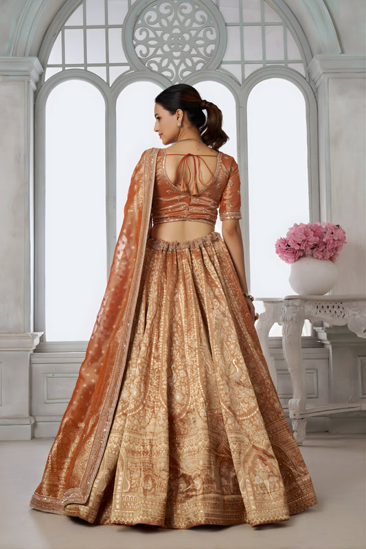 Stunning Rust Orange Kanjivaram Tissue Silk Designer Lehenga Choli with Designer Dupatta for Wedding