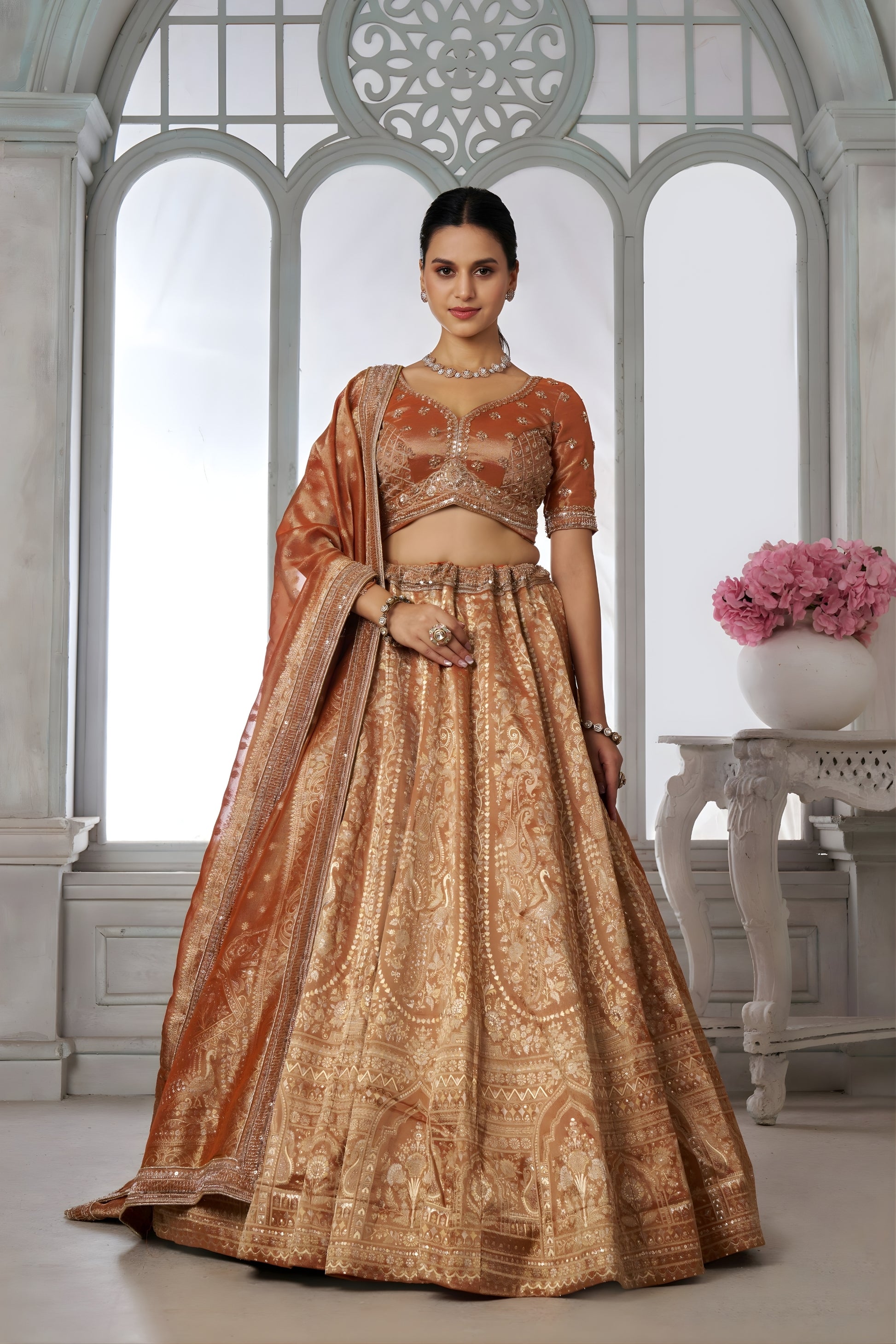 Stunning Rust Orange Kanjivaram Tissue Silk Designer Lehenga Choli with Designer Dupatta for Wedding