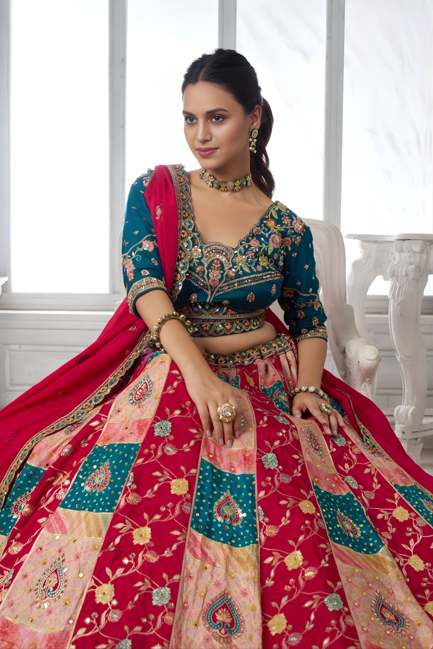 Gorgeous Multicolor Chinon Designer Lehenga Choli with Embroidery Work and Designer Dupatta for Wedding