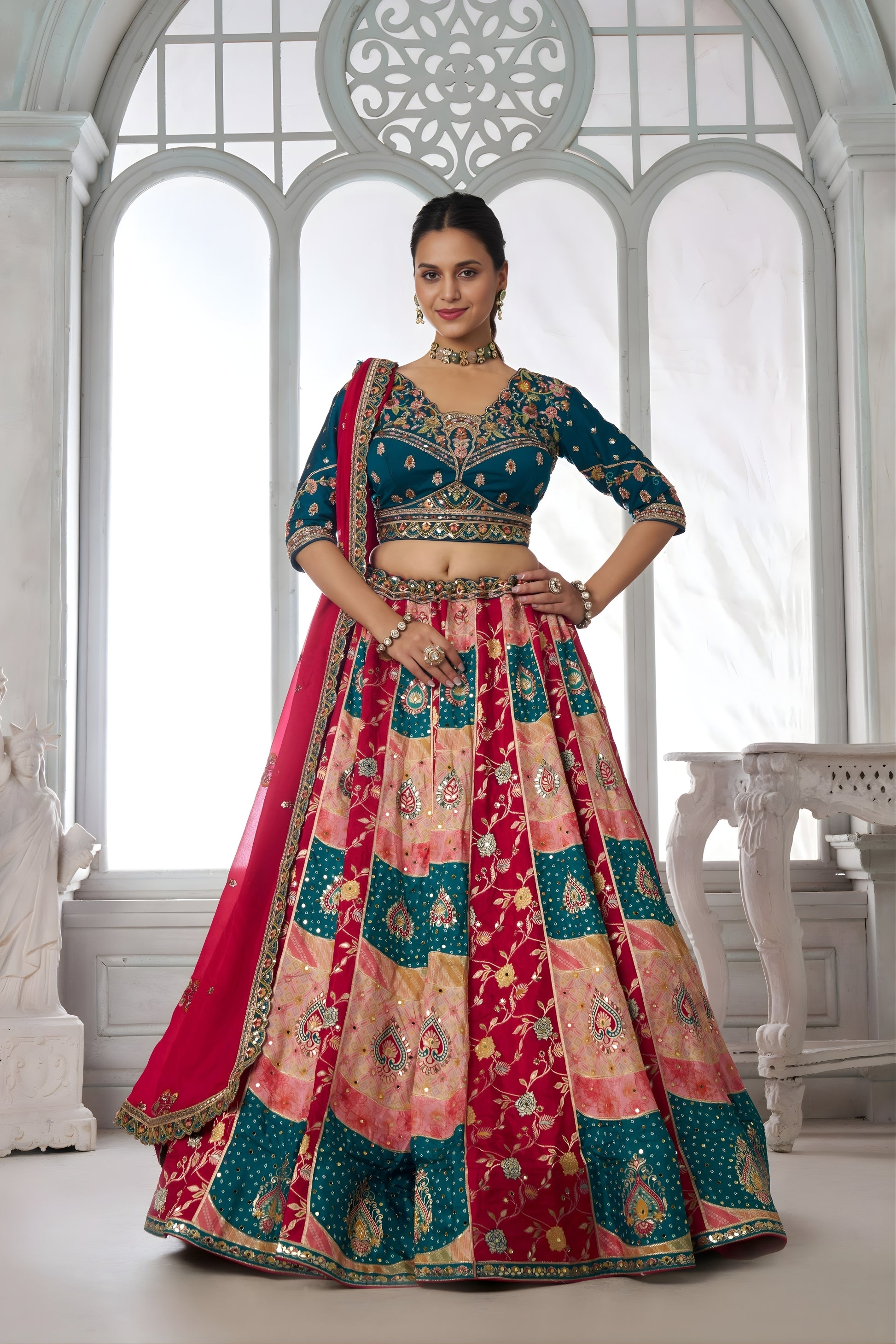 Gorgeous Multicolor Chinon Designer Lehenga Choli with Embroidery Work and Designer Dupatta for Wedding