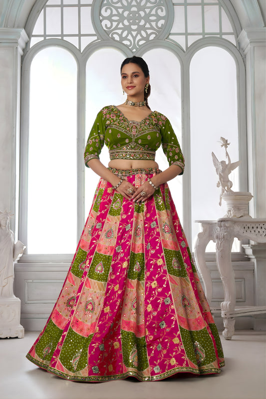 Grateful Multicolor Chinon Designer Lehenga Choli with Embroidery Work and Designer Dupatta for Wedding