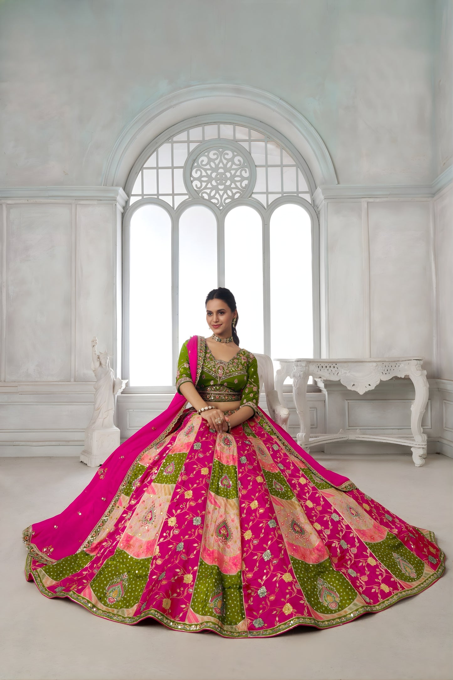 Grateful Multicolor Chinon Designer Lehenga Choli with Embroidery Work and Designer Dupatta for Wedding