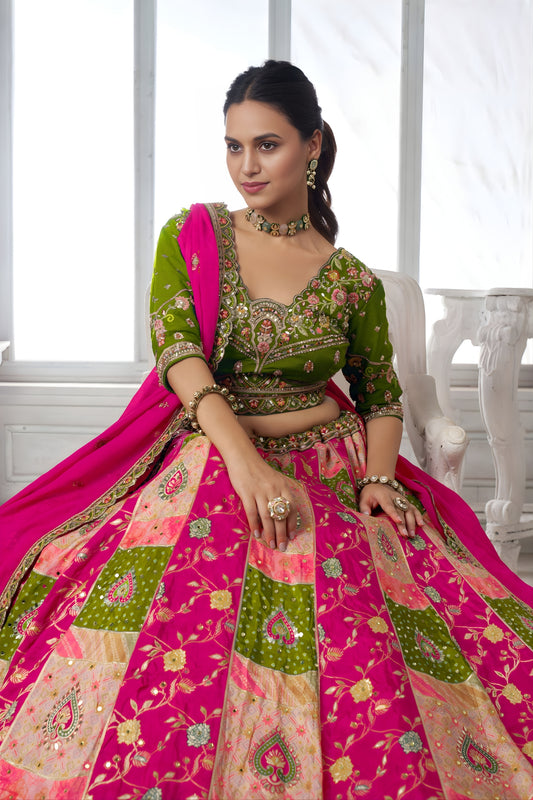 Grateful Multicolor Chinon Designer Lehenga Choli with Embroidery Work and Designer Dupatta for Wedding