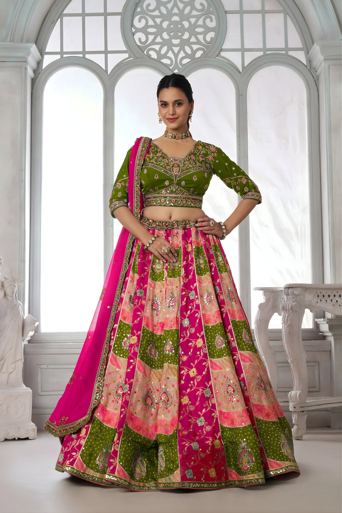 Grateful Multicolor Chinon Designer Lehenga Choli with Embroidery Work and Designer Dupatta for Wedding