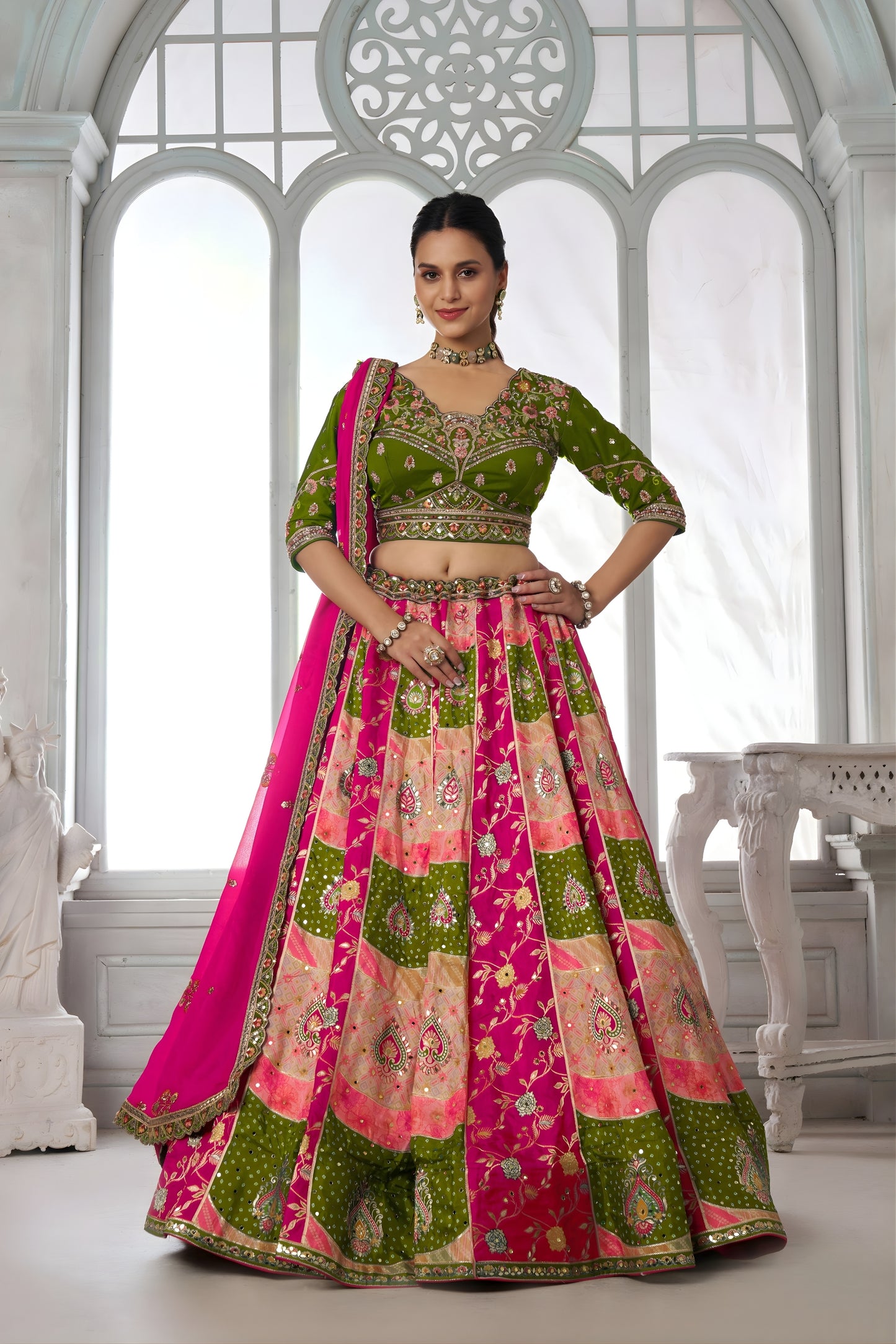 Grateful Multicolor Chinon Designer Lehenga Choli with Embroidery Work and Designer Dupatta for Wedding