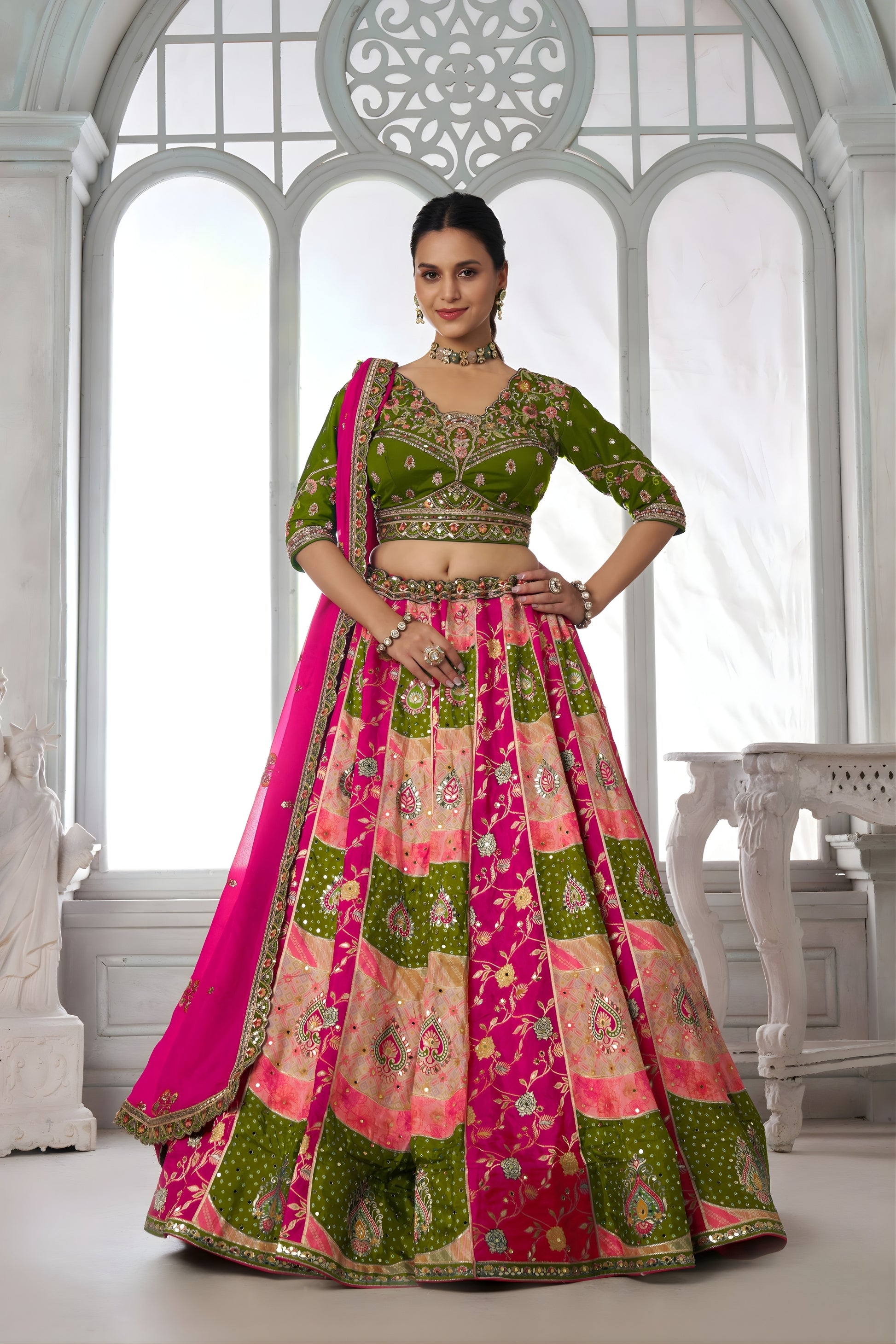 Grateful Multicolor Chinon Designer Lehenga Choli with Embroidery Work and Designer Dupatta for Wedding