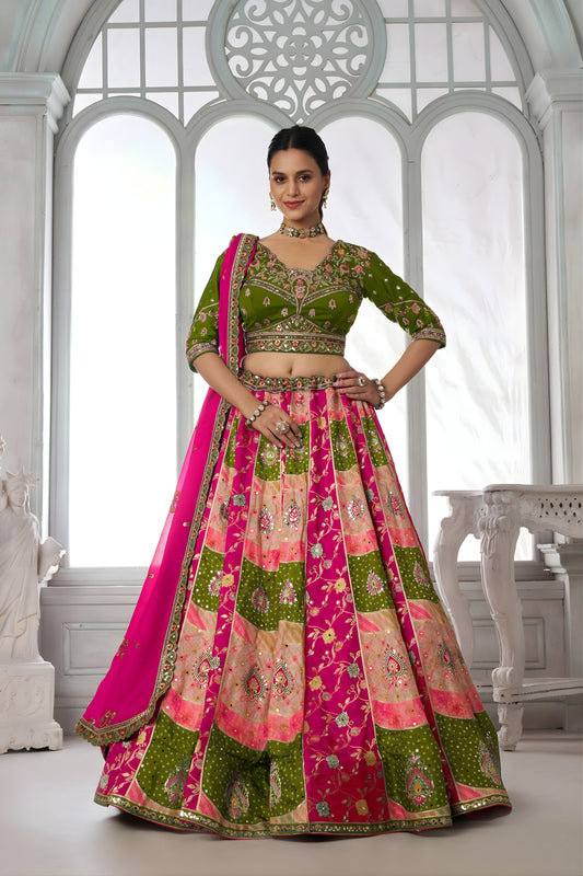 Grateful Multicolor Chinon Designer Lehenga Choli with Embroidery Work and Designer Dupatta for Wedding