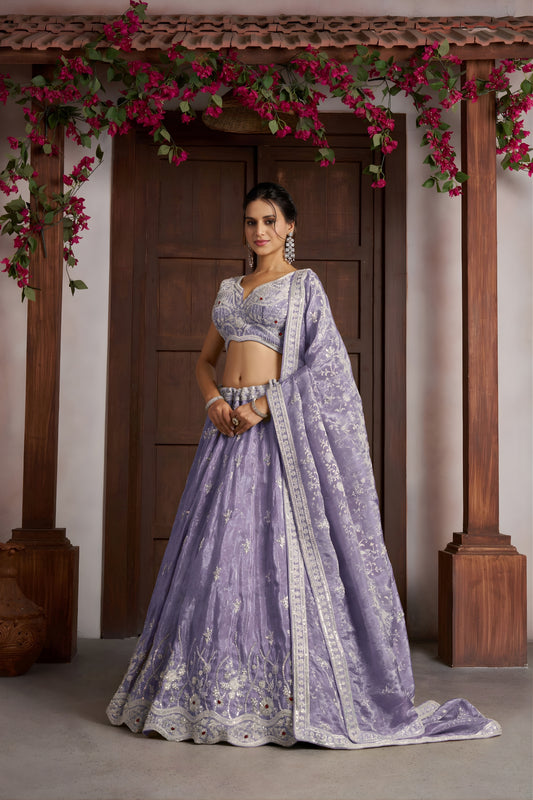 Awesome Lavender Jari Tissue Designer Lehenga Choli with Heavy Embroidery Work and Designer Dupatta
