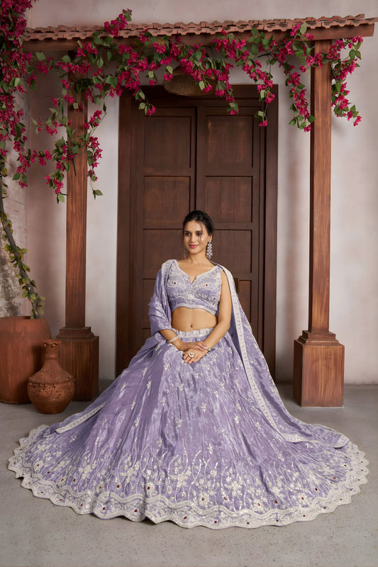Awesome Lavender Jari Tissue Designer Lehenga Choli with Heavy Embroidery Work and Designer Dupatta