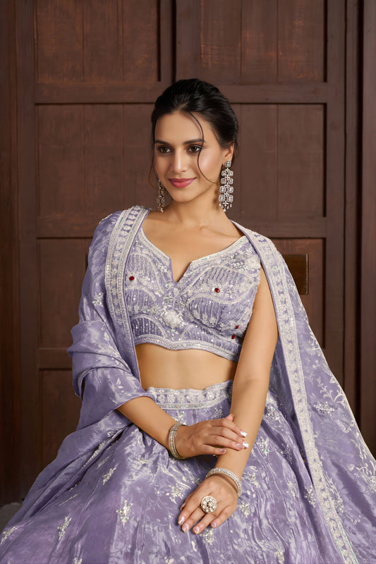 Awesome Lavender Jari Tissue Designer Lehenga Choli with Heavy Embroidery Work and Designer Dupatta