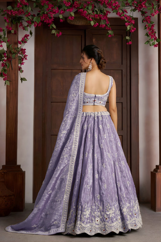 Awesome Lavender Jari Tissue Designer Lehenga Choli with Heavy Embroidery Work and Designer Dupatta
