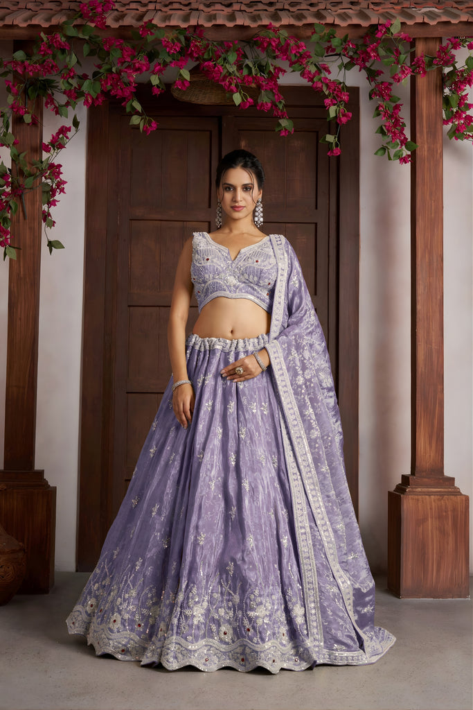 Awesome Lavender Jari Tissue Designer Lehenga Choli with Heavy Embroidery Work and Designer Dupatta