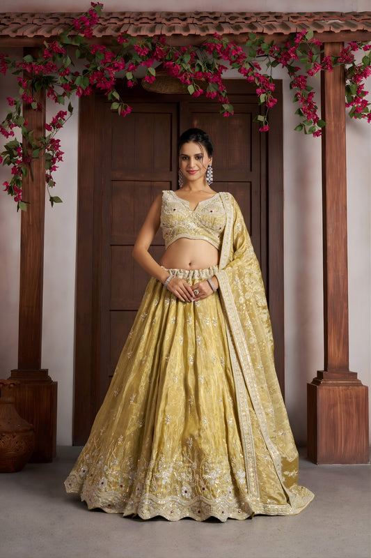 Beautiful Yellow Jari Tissue Designer Lehenga Choli with Heavy Embroidery Work and Designer Dupatta
