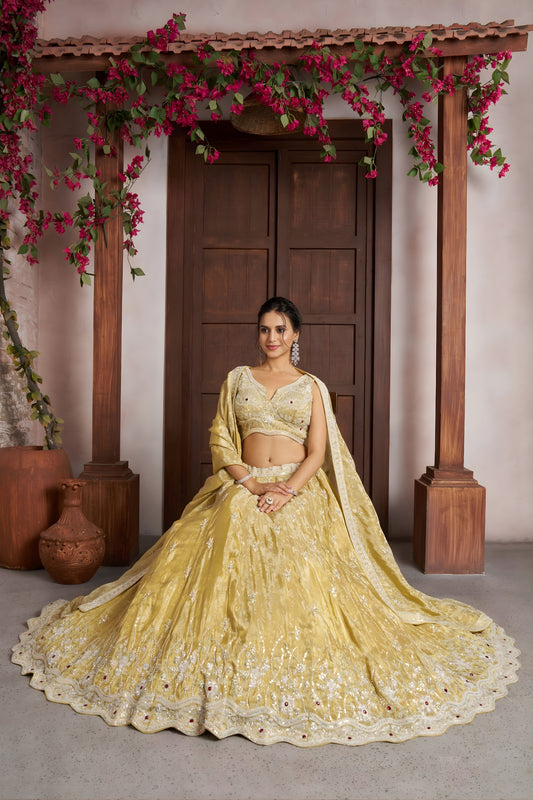 Beautiful Yellow Jari Tissue Designer Lehenga Choli with Heavy Embroidery Work and Designer Dupatta