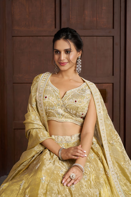 Beautiful Yellow Jari Tissue Designer Lehenga Choli with Heavy Embroidery Work and Designer Dupatta