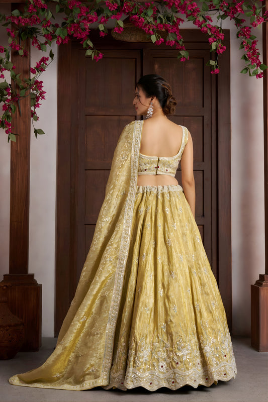 Beautiful Yellow Jari Tissue Designer Lehenga Choli with Heavy Embroidery Work and Designer Dupatta