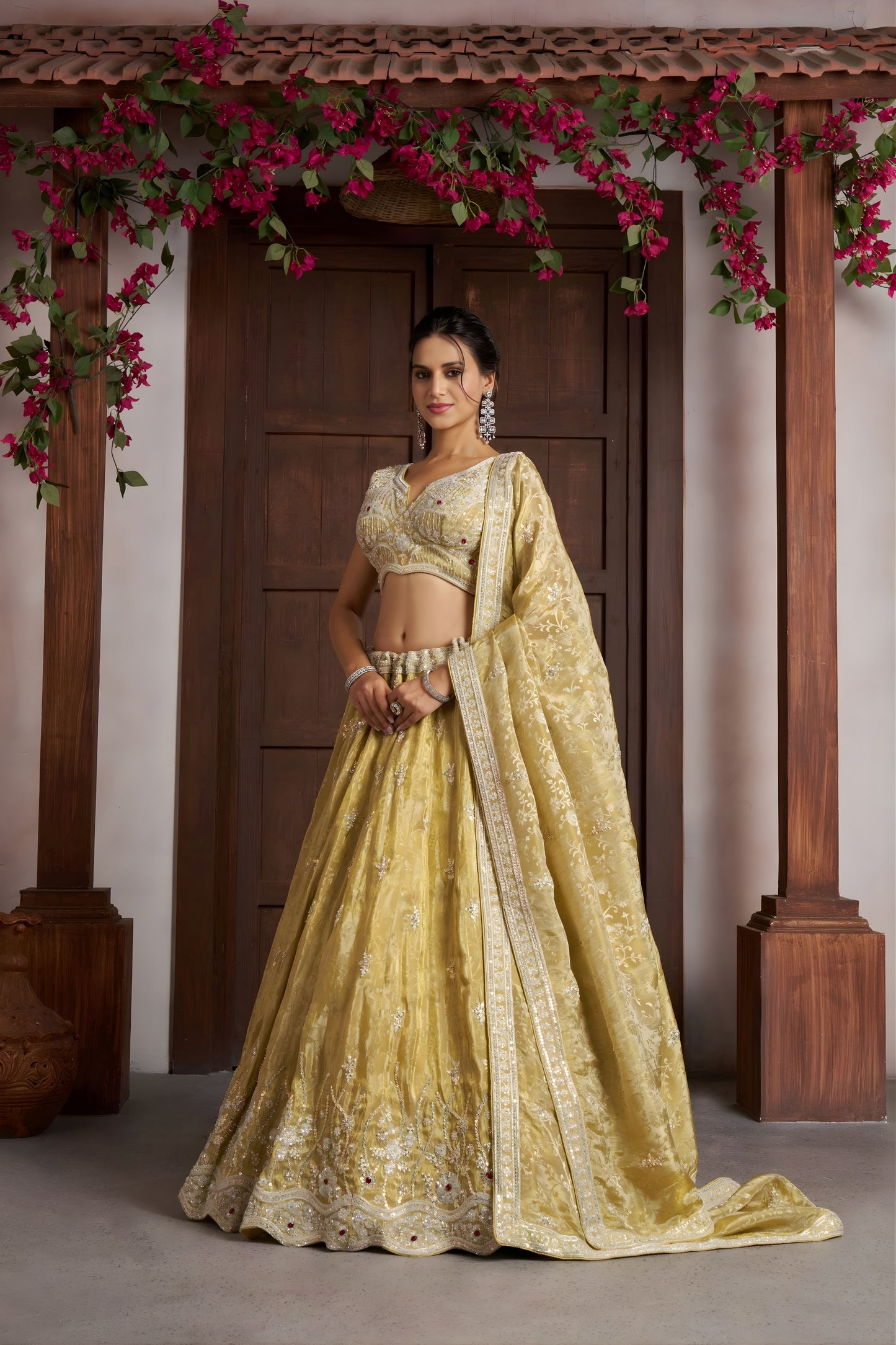 Beautiful Yellow Jari Tissue Designer Lehenga Choli with Heavy Embroidery Work and Designer Dupatta