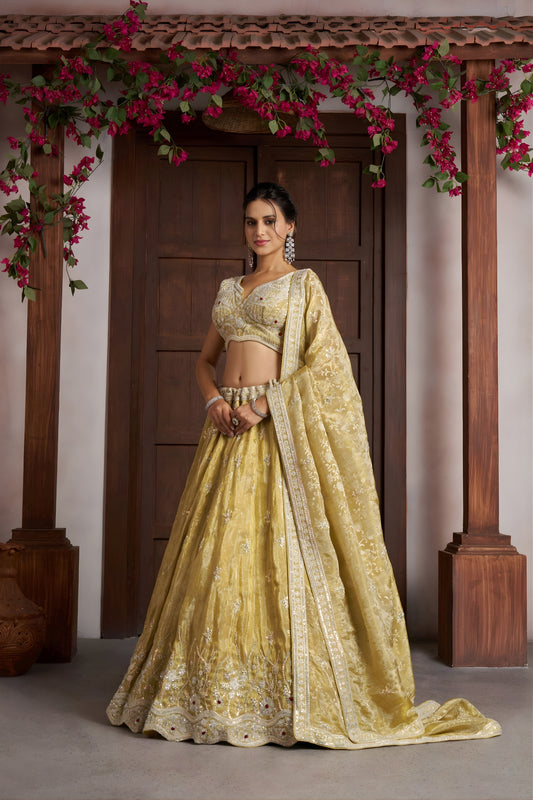 Beautiful Yellow Jari Tissue Designer Lehenga Choli with Heavy Embroidery Work and Designer Dupatta