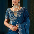 Luxury Navy Blue Fendy Satin Designer Embroidered Saree for Wedding